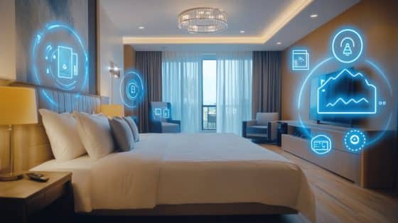 Modernes Hotelzimmer mit digitalen Preis- und Buchungssymbolen – Symbolbild für datenbasiertes Yield Management in der Hotellerie.
