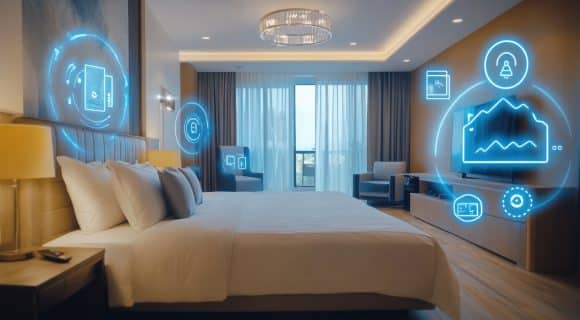 Modernes Hotelzimmer mit digitalen Preis- und Buchungssymbolen – Symbolbild für datenbasiertes Yield Management in der Hotellerie.