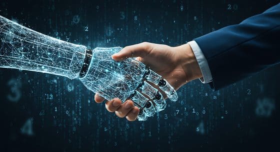 Handschlag zwischen Mensch und KI-Hand – Symbolbild für Bionic Revenue Management im Hotel: Verbindung von menschlicher Expertise und künstlicher Intelligenz.
