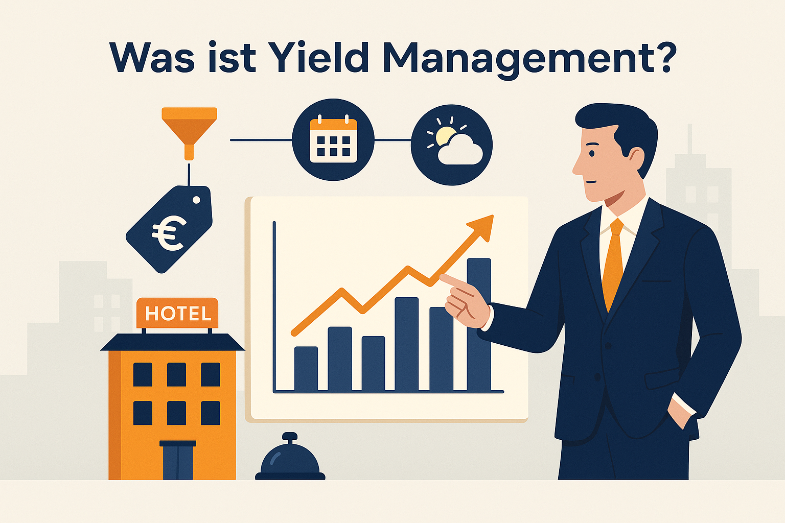 Illustration of a hotel revenue manager explaining yield management with a bar and line chart. Icons above represent key factors like pricing strategy, booking timing, and demand forecasting. A hotel labeled “HOTEL” appears in the background, highlighting the application of yield management in the hospitality industry. Text: “Was ist Yield Management?”
