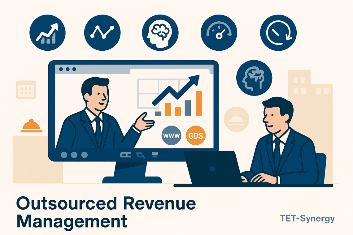 Illustration of a hotel revenue manager in a video call with an external expert, reviewing charts and pricing strategies on a screen, surrounded by icons symbolizing key benefits like data, expertise, speed, and flexibility. The design uses HotelPartner's brand colors and minimalist labels.
