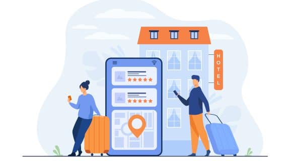 Illustration von Reisenden, die vor einem Hotel eine mobile Buchungsmaschine nutzen – Symbolbild für nahtlose Direktbuchungen über digitale Plattformen.