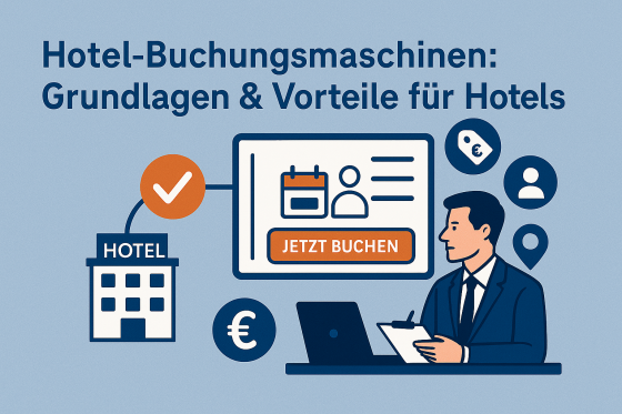 Illustration eines Revenue-Managers, der an einem Laptop sitzt und eine Hotel-Buchungsmaschine mit „Jetzt buchen“-Button auf einem Bildschirm analysiert. Symbole für Hotel, Preisetikett, Kalender und Standort umgeben ihn, auf hellblauem Hintergrund.