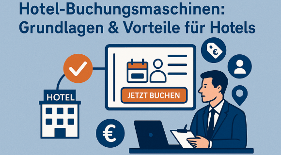 Illustration eines Revenue-Managers, der an einem Laptop sitzt und eine Hotel-Buchungsmaschine mit „Jetzt buchen“-Button auf einem Bildschirm analysiert. Symbole für Hotel, Preisetikett, Kalender und Standort umgeben ihn, auf hellblauem Hintergrund.