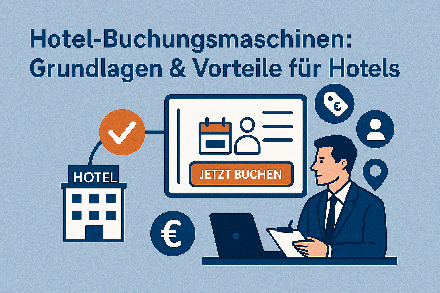 Illustration eines Revenue-Managers, der an einem Laptop sitzt und eine Hotel-Buchungsmaschine mit „Jetzt buchen“-Button auf einem Bildschirm analysiert. Symbole für Hotel, Preisetikett, Kalender und Standort umgeben ihn, auf hellblauem Hintergrund.