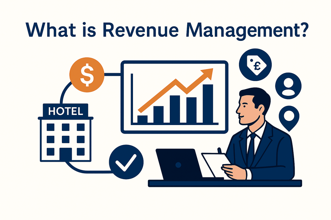 Hotel revenue manager analyzing pricing and occupancy metrics to optimize RevPAR and ADR